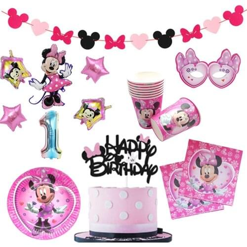 Disney Minnie Mouse Baby Shower Party Supplies Cup Plate Kids Birthday Party Decoration Disposable Tableware Balloon Supplies