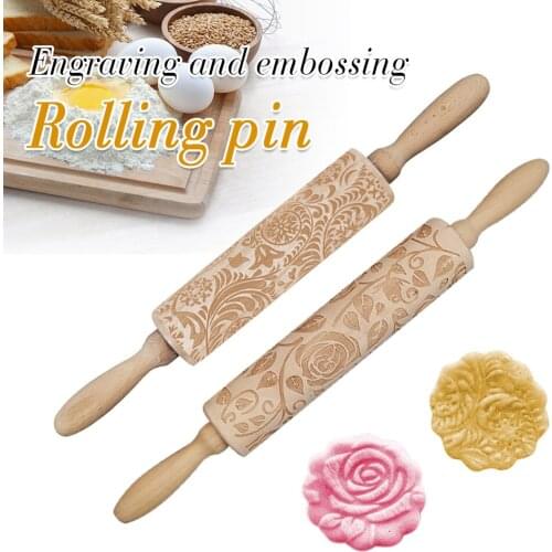 Embossed Rolling Pins Engraved Wooden Rolling Pin Wooden Dough Roller With Flower Pattern For Baking Embossed Cookies Pastry Pie