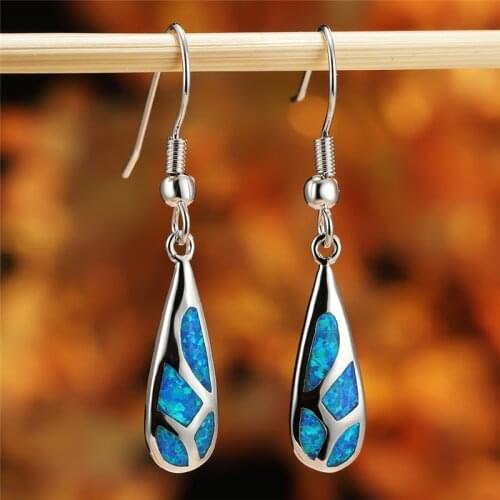 Blue Fire Opal Stone Water Drop Earrings For Women Vintage Fashion Silver Color Long Hook Dangle Earrings Female Wedding Jewelry