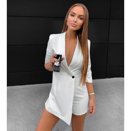 Nowssa Women Playsuit Blazer 3/4 Sleeve Turn Down Collar Solid Button Straight Overalls Rompers New Autumn Summer Bodysuit 2021