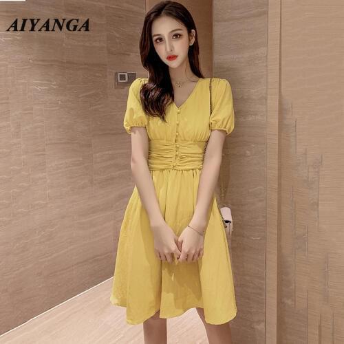 Women V-neck Sexy Dress Single-breasted High Waist Puff Sleeve Female Short Vestidos Vintage Fashion A-line Women Dress 2020
