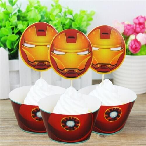 12 wraps+12 Topper Iron Man Party Supplies Cupcake Wrappers Cupcake Toppers Superhero Baby Shower Kids Birthday Party Decoration