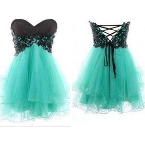 2015 mint green strapless homecoming dresses with black lace top corset back A line puffy mini graduation dresses short
