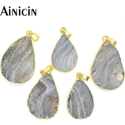 5pcs Natural Drusy Mushroom Stone Pendant Water Drop Shape With Rainbow Plated Pendant Jewelry