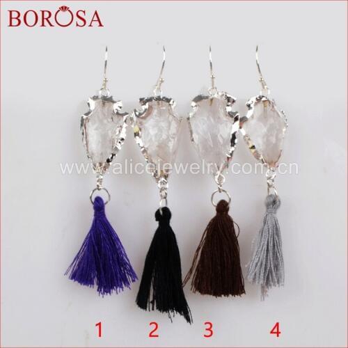 BOROSA Silver Color Natural Quartz Arrowhead Rainbow Tassel Earrings, Stylish Druzy Crystal Tassel Drop/Dangle Earrings S1236