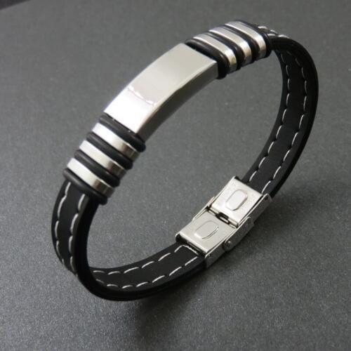 10mm 21cm Black Silicone Bracelet Men Punk Stainless Steel ID Bracelets Bangles Mens Bracelets Fashion Jewelry Wristband
