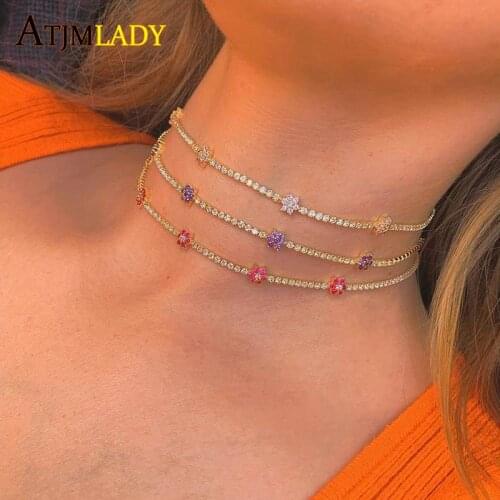 2021 New Gold Color Colorful Rainbow Cubic Zirconia CZ Flower Charm Thin CZ Tennis Chain 32+10CM Fashion Women Choker Necklace