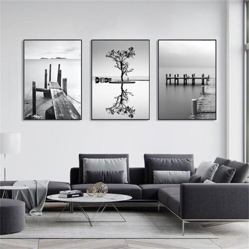 Black and White Minimalist Landscape Art Painting Canvas Prints Bridge Boat Posters Wall For Living Room Modern Home Decor