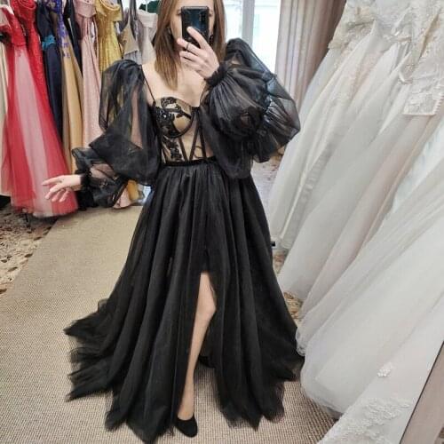 Wine Red Black Dress for Women Sexy Puff Sleeve Fashion A Line Front Split Evening Party Formal Dresses 2021