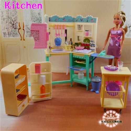 For Barbie Doll Furniture Accessories Plastic Toy Kitchen Set Refrigerator Table Plate Kitchenware Iron Gift Girl DIY Wholesale
