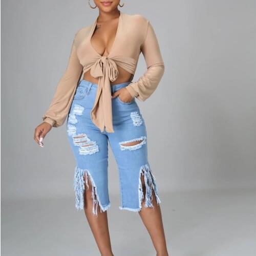 Hirigin Women High Waist Cut Out Tassle Draped Knee Length Jeans For Streetwear Vintage Skinny Elastic Hollow Out Denim Pants