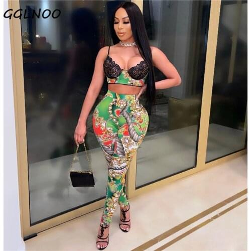 GGLNOO Sexy Print 2 Piece Sets Womens Club Outfits High Waist Leggings Lace Bralette Crop Top 2021 Summer Pants Suit