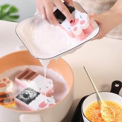 3Pcs Cat Claw Design Non-scratch Dishwashing Scrub Sponge Kitchen Cleaning Tool Multi-functional Cutlery Tableware Brushes