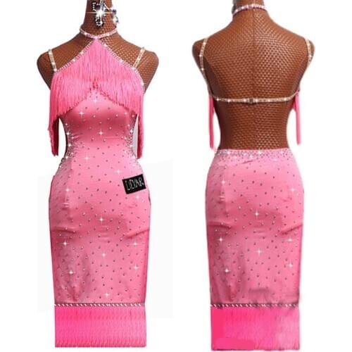 Cute Pink Fringed Latin Dance Dresses For Women Full Body Rhinestone Sparkly Latin Competition Clothes Sexy Prom Wear BL5451