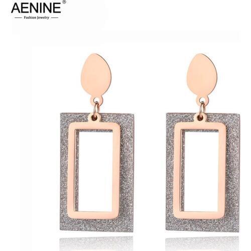 AENINE Trendy Stainless Steel Double Rectangular Party Earrings Jewelry For Women Rose Gold Geometry Gray Matte Earrings AE19041