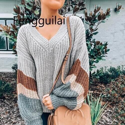 Fashion Striped V Neck Pullover Women sweater 2020 Autumn Winter Gray Long Sleeves Sweater Female High Street Loose Mujer Jumper