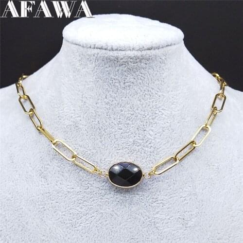 Hip Hop Black Natural Stone Stainless Steel Necklaces Women Gold Color Choker Necklace Jewelry collar collar cadena NZ4S02