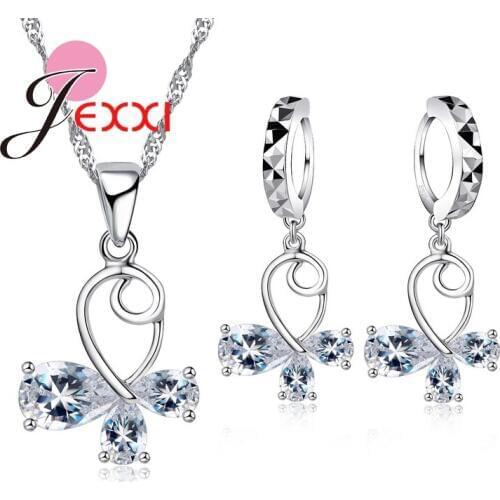 Romantic Design Engagement Wedding Jewellery Set Charm CZ Crystal 925 Sterling Silver Earring Necklace Jewelry Set