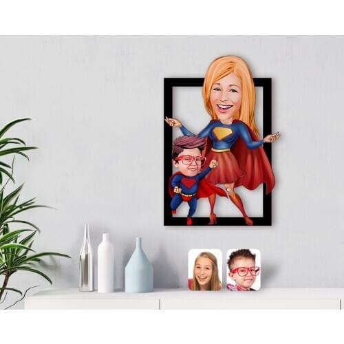 Personalized Super Mom and Child Caricature OF 3D Wood Tablo-1