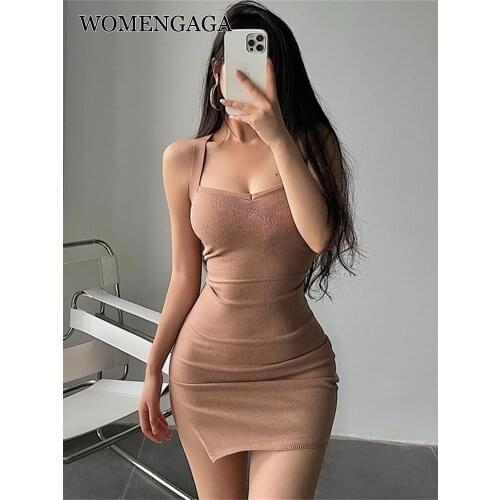 WOMENGAGA Sexy Tight Slim Back Cross Backless Skinny Buttock Split Knitted Mini Dress Tank Sexy Women Dresses Tops TP7X