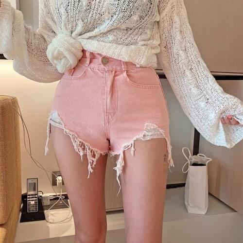 Shorts New Early Autumn Beautiful Little Pink Vintage High Waist Tassel Torn Edges Hole Denim Shorts Tight 2021 Hot Pants