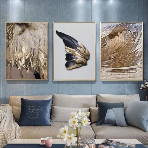 Modern Northern Europe Nordic Luxury Abstract Art Aureate Feather Decorative Canvas Painting Wall Picture For Living Room Decor