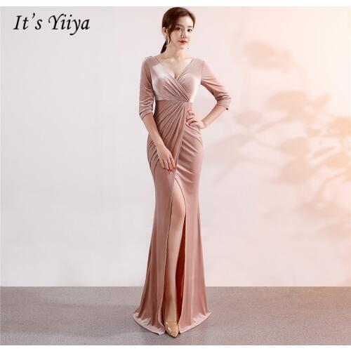 Its Yiiya Chiffon Evening dress V-neck long sleeve trumpet party gowns Floor-length zipper back Mermaid evening dresses C113
