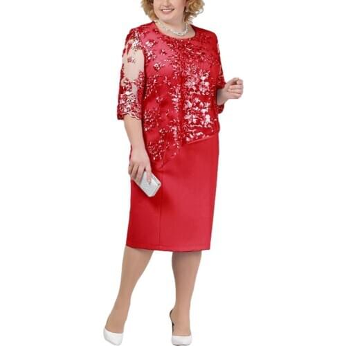 Plus Size Party Dresse Sheer Half Sleeve Floral Lace Layered Mother of Bride Midi Dress Lace Layered Mom Elegant Dress