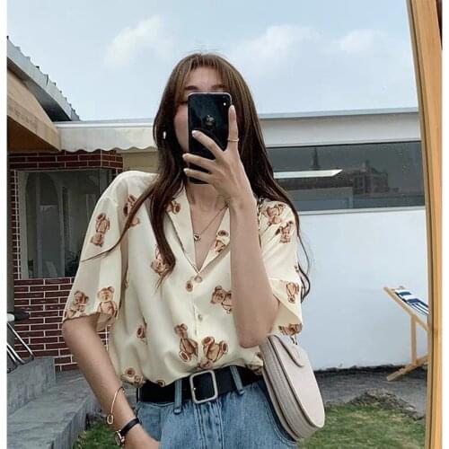 Women Satin Blouse Long Sleeve Little Bear Print Shirts Vintage Office ladies Top Femme Chandails Fashion Ins Single Row Buttons