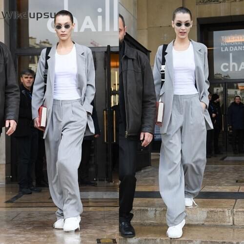 Bella Hadid Style Clothes 2 Piece Set Women Suit Blazer Top and Loose Pants Elegant Formal Business Suit Outfits Pantsuit Female