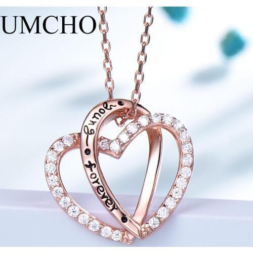 UMCHO 925 Sterling Silver Rose Gold Color Connected Love Pendant Neklaces for Women Cute Romantic Engagement Fine Jewely Gift
