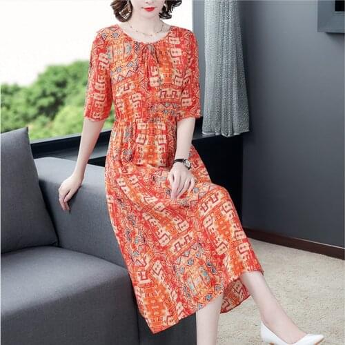 2021 Orange Mulberry Silk Print Midi Dress Spring Summer 4XL Plus Size Vintage Runway Dress Elegant Women Bodycon Party Vestidos