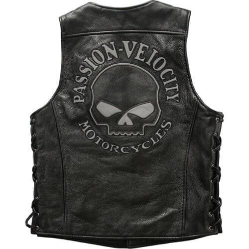 Punk & Rock Motorcycle Genuine Leather Vest Man V-neck Genuine Leather Drawstring Luminous Skull Casual First Layer Cowhide Vest
