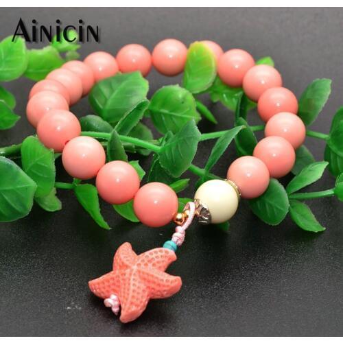 Pink Color Starfish Charms Stretch Bracelets Shell Powered 10mm Beads Fashion Women Party Gift Jewelry 7.5'' Birthday Gift 10pcs