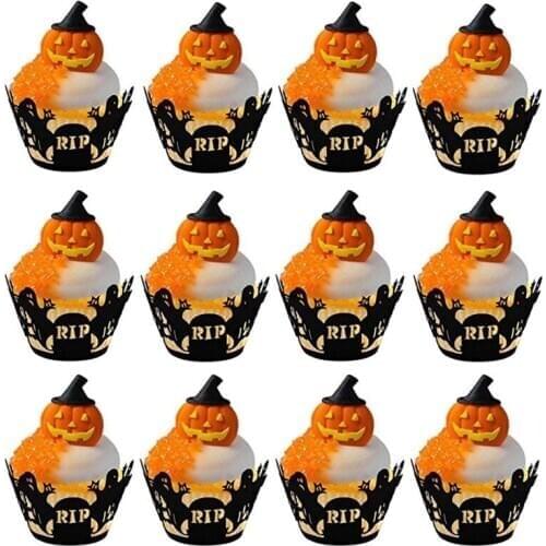 12pcs Cupcake Wrapper Decor Baking Cup Hollow Out Paper Cake Wrapper Halloween Witch Spiderweb Castle Halloween Decoration