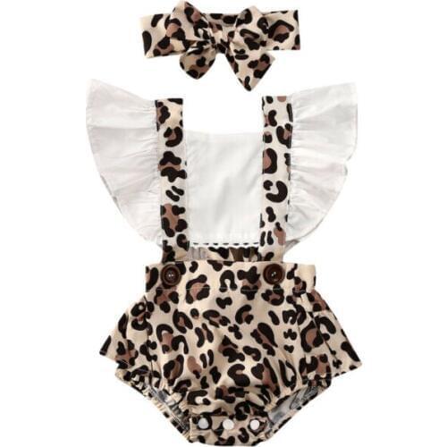 2PCS Newborn Baby Girl Clothes Leopard Jumpsuit Romper Bodysuit Headband Outfits Set Summer 0-24M