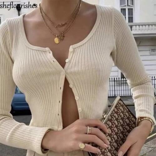 2020 Vintage sweater women summer cropped cardigan sexy slim sweater long sleeve ribbed sweater button up white tops purple