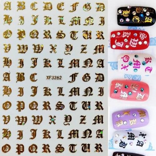 5 sheets/lot New Gum Nail Art Decals Retro English Words Letter 8Color Laser Gold Silver Black 3D Nail Art Stickers Tip 0.04mm