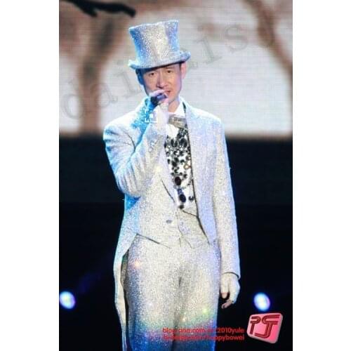 Mens silver sequined tuxedo suit pants magician male singer guest stage costumes ropa hombre veste homme luxe mariage