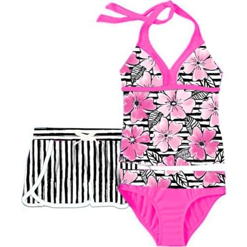 Kids Girls 3 Pcs Swimsuit Swimwear Outfits Tankini Floral Printed Beachwear Swimwear Bathing Suit Set Tops with Bottoms Shorts