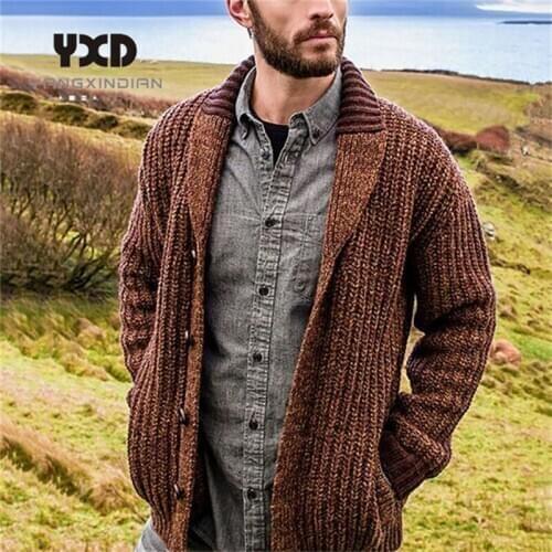 Men clothes Autumn Winter Fashion casual solid color Striped khaki Single-breasted long sleeve knitted cardigan sweater jacket