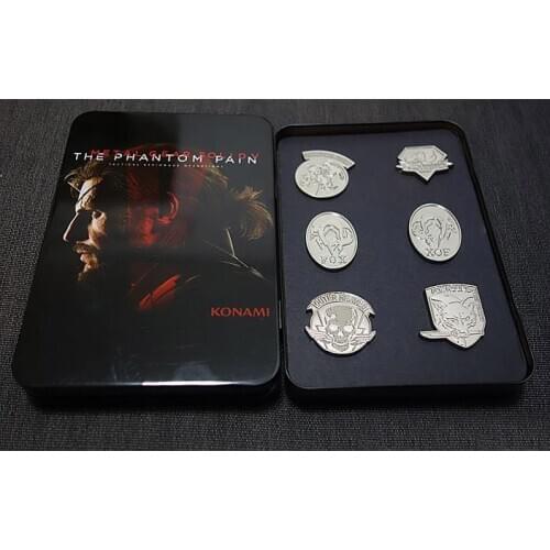 Game MGS 5 Metal Gear Solid V The Phantom Pain Metal Badges Brooches Pins Set with Iron Box Collectibles Accessories 6pcs/set