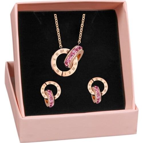 316L Stainless Steel Rose Gold Roman Numeral Double Circle Earrings Necklace Set Pink Purple Crystal Wedding Jewelry Set