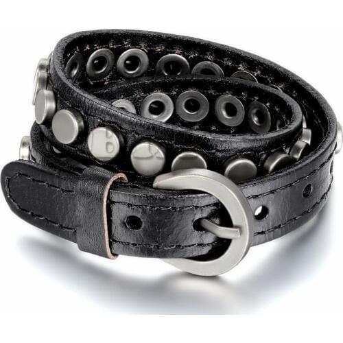 New Punk Style Multilayer Bracelet Leather Warp Bracelet Round Nails Rivet Bracelet For Men Black Color pulseira couro 43cm