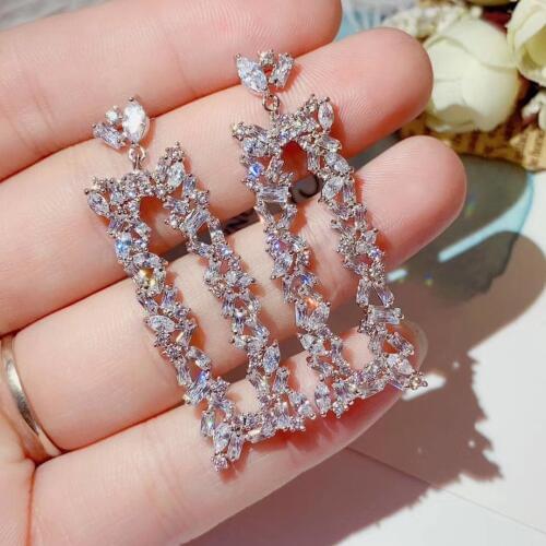 Luxury rectangle Shaper Brand Baguette Cubic Zircon Long Dangle Earrings For Women Wedding Pave Dubai Bridal Jewelry E10019