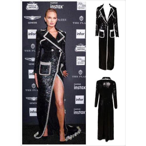 High Quality Celebrity Black Long Sleeve Open Fork Long Dress Cocktail Party Dress