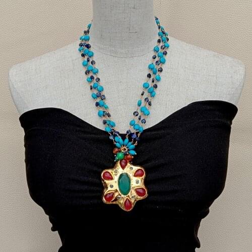 YYGEM Red Agate Green Cat Eye pave gold plated Pendant 22" 3strands Blue Turquoise Lapis Rosary Chain Necklace