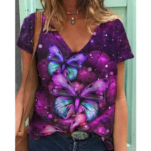 Summer Harajuku Tshirt Floral Print Pullover Tops Women Casual Short Sleeve V-neck Loose Plus Size T-shirt Femme Fashion Clothes
