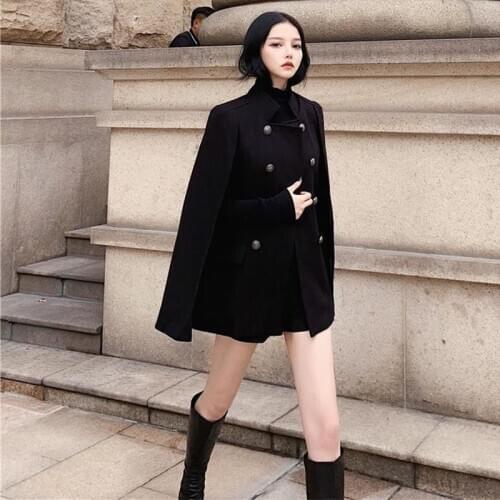2021 Spring Autumn Cloak Coat Women Bat Type British Ladies Black Retro Slim Clothings