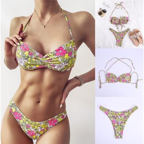 Ladies Cute Floral Print Split Swimsuit Fashion High Waist Strap 2 Suit Swimsuit